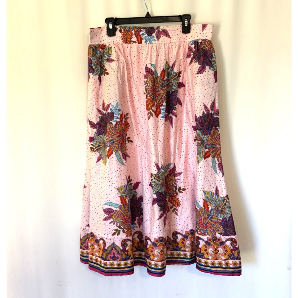 Industry Skirt XL Aline Midi Floral Pink Boho Elastic Waist Pockets
